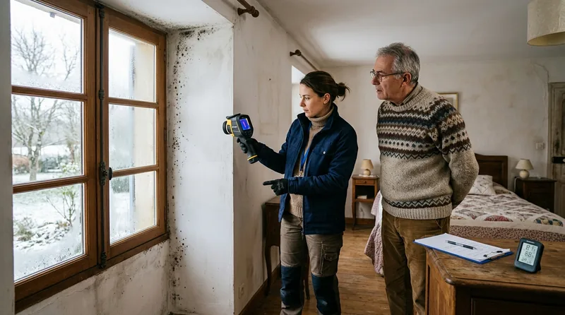 Spécialiste mesurant l'humidité d'un mur dans le Vendée